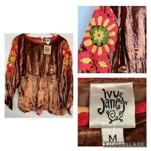 Ivy Jane Brown Mona Velvet Floral Embroidered Peplum Blouse, Medium NWT